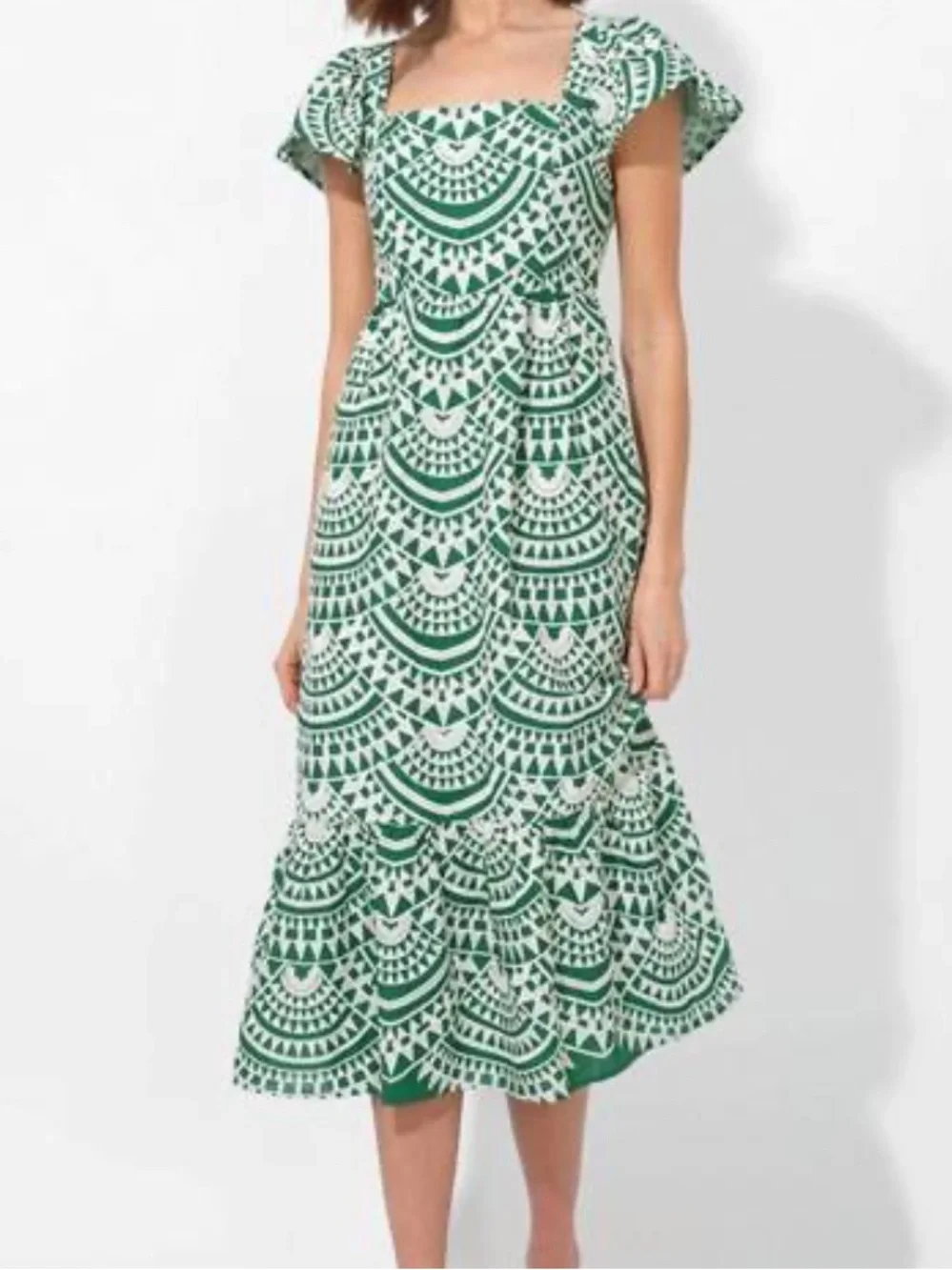 NWT Adelyn Rae Emerald and Cream Geometric Square-Neck crochet Midi Dress L - Picture 2 of 16